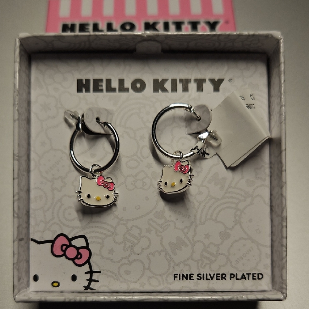 Hello Kitty Hoop Earrings silver plated NWT gift box charm Iconic pink bow Girls